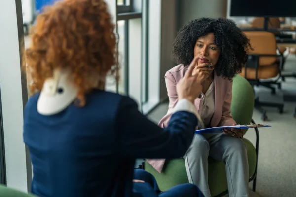 A personal injury lawyer sits in an office chair with a clipboard, listening intently as a client wearing a neck brace gestures during a legal consultation.